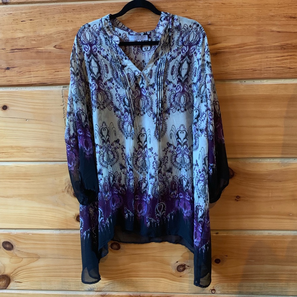 August Silk V-neck Tunic Top Long Elastic Sleeve